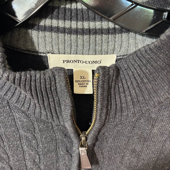 Pronto-Uomo‎ Men’s Cable-knit Quarter Zip Sweater, 100% Cotton, Grey, Sz XL - Picture 2 of 5